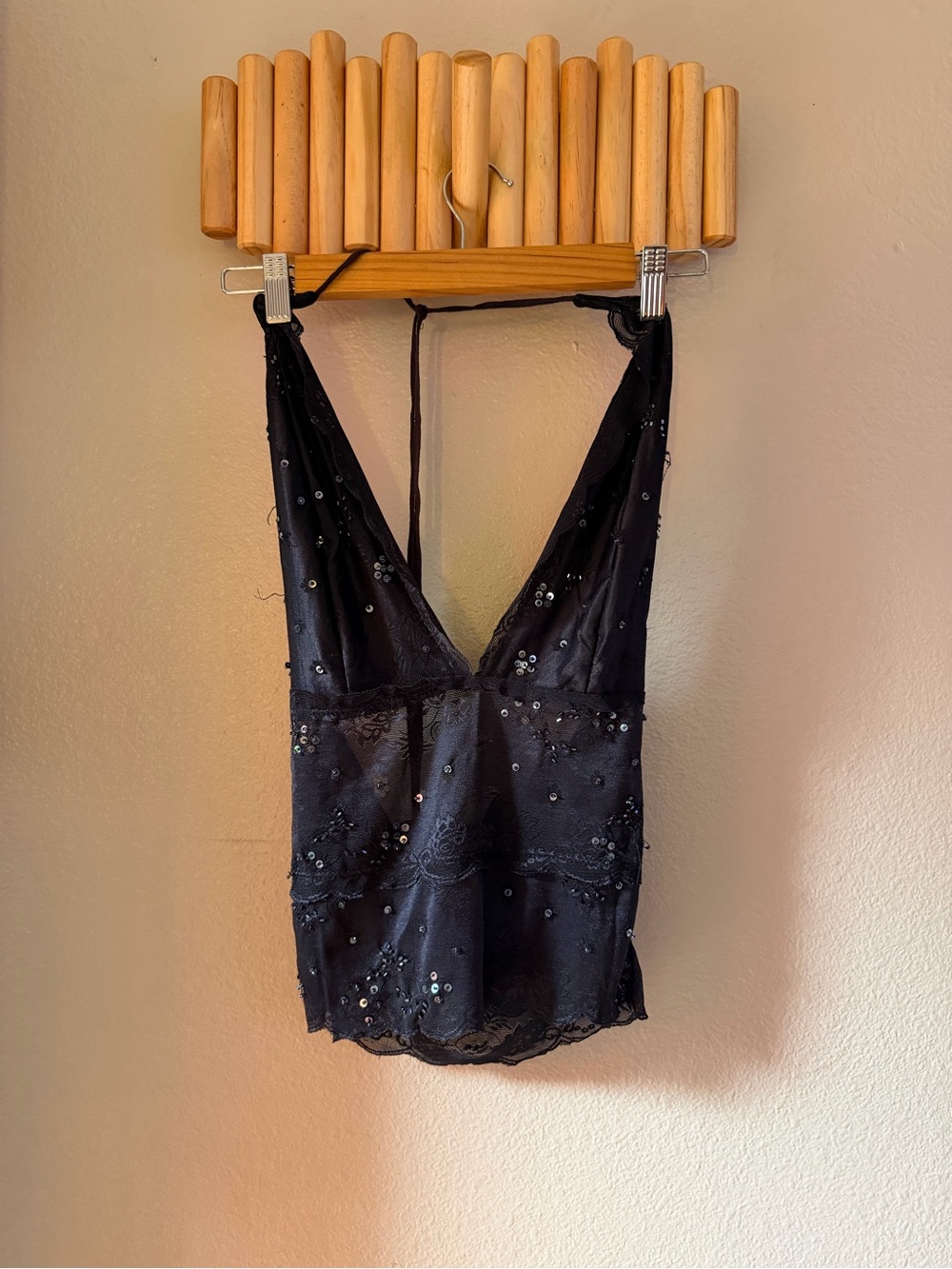 Vintage Black Sequin Lace Halter Chemise